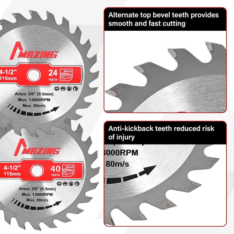 MAZING 4 PCS 4-1/2 Inch 24T&40T Circular Saw Blades, 4.5 inch TCT Compact Circular Saw Blade with 3/8" Arbor, ATB Design, Fit for Woodworking Cutting Plywood, Soft & Hardwood, Wood with Nails - Image 3